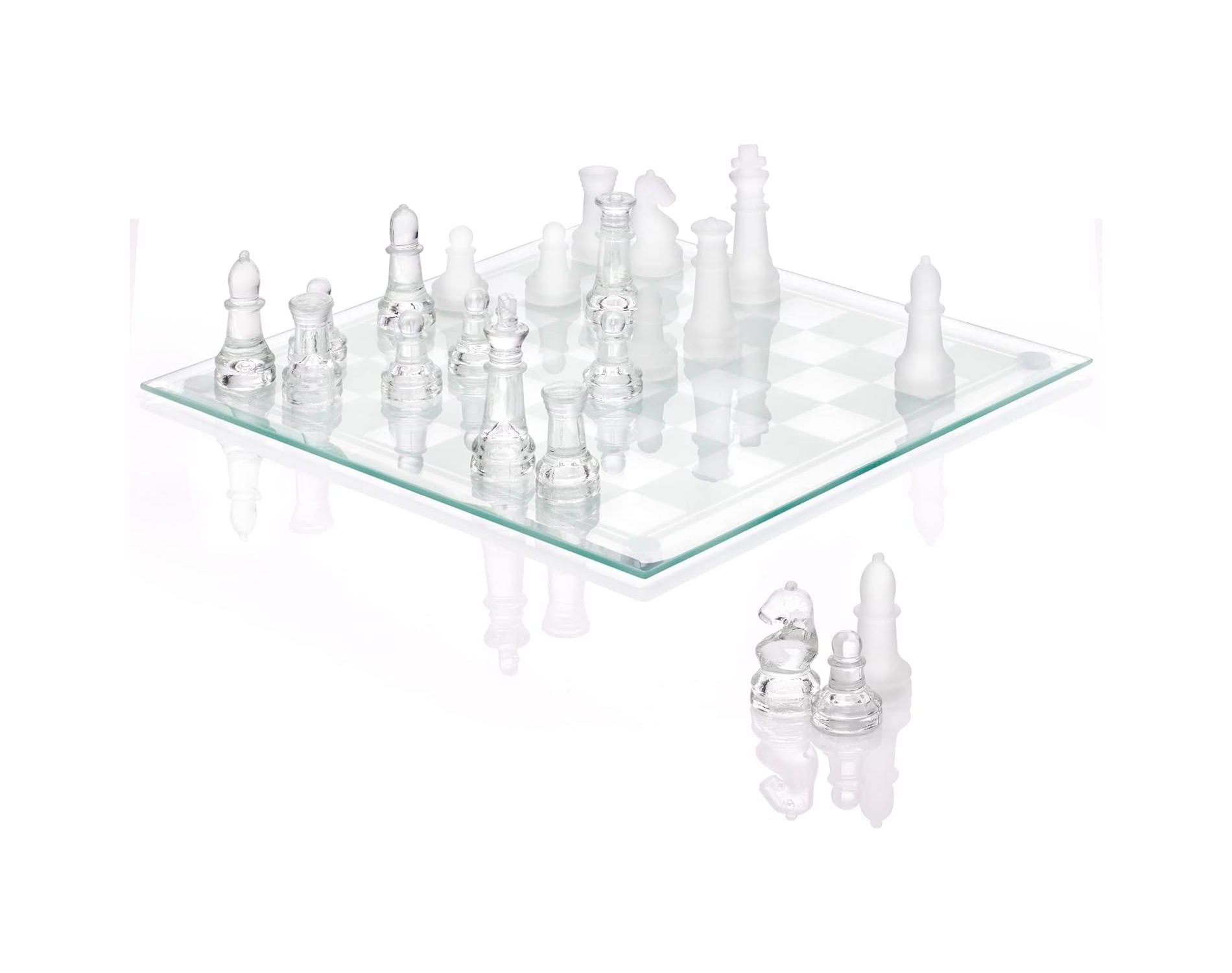 Modern 9.7" Glass Chess Set with Solid Clear & Frosted Pieces, Crystal Board, Felt Padding Included – Elegant & Durable Deluxe Game Set