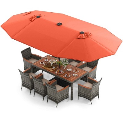 11-Piece Gray Rattan Patio Dining Set with Orange Umbrella