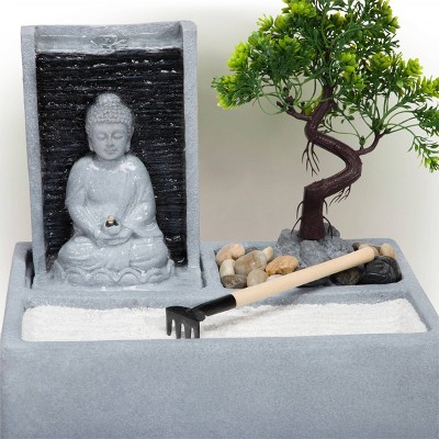 Gray Cement Buddha Bonsai Garden Tabletop Fountain with LED Light