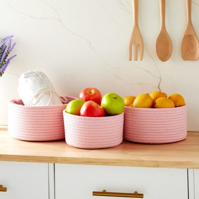 Elegant Pink Cotton Rope Woven Storage Basket Trio