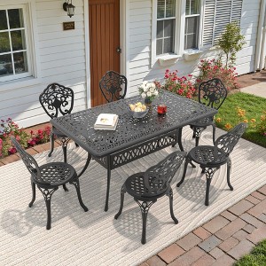7-Piece Outdoor Dining Set, Black Cast Aluminum Rectangle Table , Umbrella Hole , 6 Chairs - 1 of 4