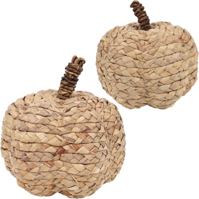 BRINJOY 2-Piece Beige Woven Cattail Pumpkin Set - Handmade Fall Decorations, Farmhouse Table Centerpiece for Indoors, Mantel, Dining Table, Porch
