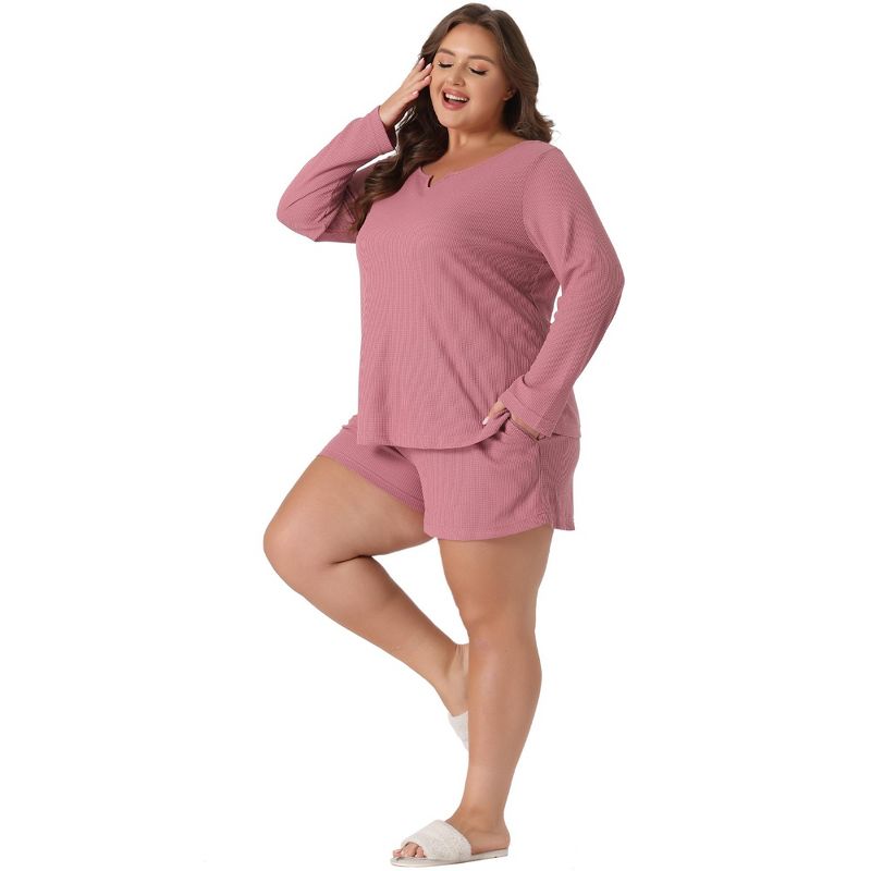 Agnes Orinda Women's Plus Size Waffle Long Sleeve Comfortable 2 Pieces Pajama Sets, 3 of 6
