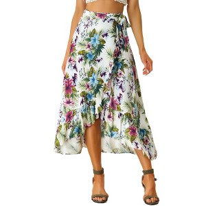 INSPIRE CHIC Women's Tropical Floral Print Ruffle Self-Tie Knot Split Beach Wrap Midi Skirt - 1 of 4