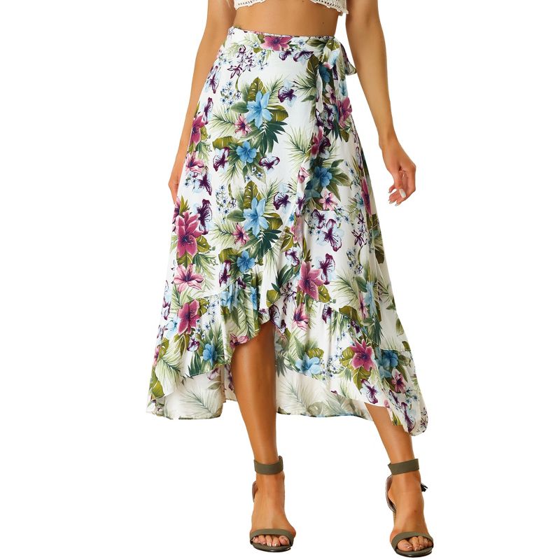 Allegra K Women's Tropical Floral Print Ruffle Self Tie Knot Split Beach Wrap Midi Skirt, 1 of 7
