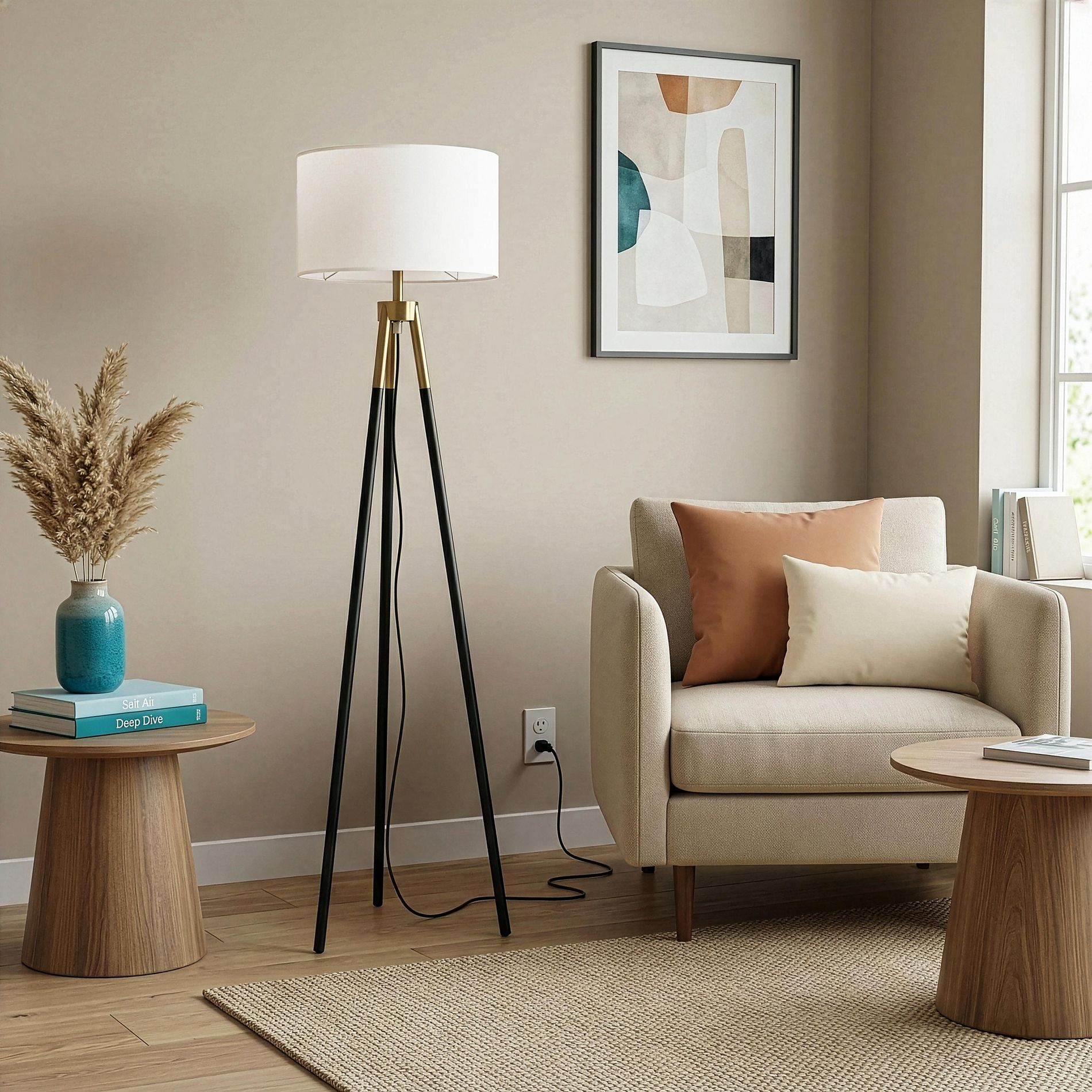 GDFStudio Everix Modern Floor Lamp with Triple Leg Base and Fabric Shade, Gold/White