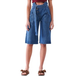 Slickblue Women's Casual Mid Blue Cotton Denim Flare Midi Jeans, High Waist with Buckle Self-Tie Belt, Front Cut-Out - 1 of 4