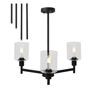Chandelier with Clear Glass Shade, 3-Light Industrial Ceiling Light with Upward Arms, E26 Pendant Fixture for Living Room, Kitchen Island, Black - 1 of 4