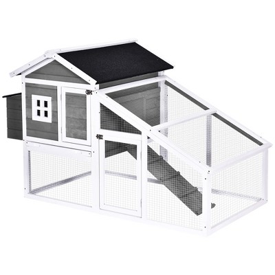 Gray and White Wooden Chicken Coop with Nesting Box and Run