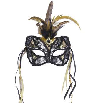 Forum Novelties Black & Gold Lace Mask with Feathers