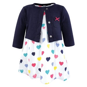 Hudson Baby Infant and Toddler Girls Cotton Dress and Cardigan Set, Navy Hearts - 1 of 4