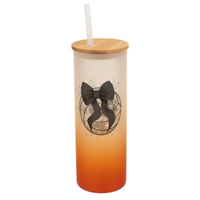 Elanze Designs 25 Ounce Frosted Glass Gradient Travel Tumbler With Straw and Wooden Lid, Volleyball Teal Paint Splatter Orange