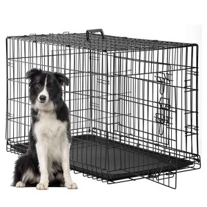 FDW Dog Crate for Large Dogs 48 Inch Folding Metal WirePet Cage Double Door W/Divider Panel Indoor Outdoor Kennel Leak-Proof Plastic Tray,Black - 1 of 4