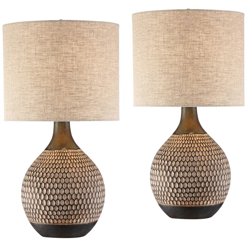 360 Lighting Emma 21" High Small Mid Century Modern Accent Table Lamps Set of 2 Brown Wood Finish Ceramic Oatmeal Shade Living Room Bedroom Bedside, 1 of 10