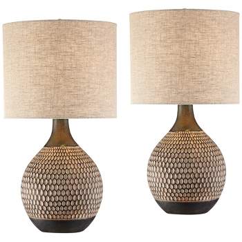 360 Lighting Emma 21" High Small Mid Century Modern Accent Table Lamps Set of 2 Brown Wood Finish Ceramic Oatmeal Shade Living Room Bedroom Bedside