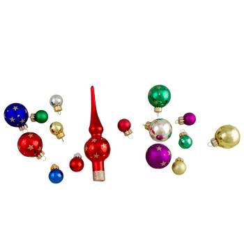 Northlight 16-Piece Set of Assorted Multi-Color Glass Ball Christmas Ornaments with Tree Topper