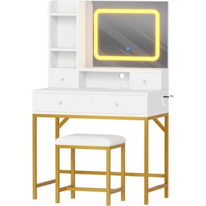 Makeup Vanity Desk with Mirror, Modern Vanity Table with Charging Station, 4 Drawers and 2 Open Shelves, 3 Lighting Mode - 1 of 4