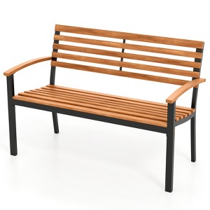 Tangkula Outdoor Bench Acacia Wood Patio Loveseat w/ Backrest Armrests Garden Bench Black - 1 of 4