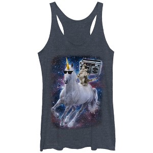 Women's Lost Gods Boombox Cat and Unicorn Space Song Racerback Tank Top - 1 of 3