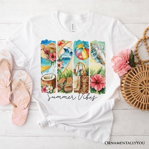 Summer Vibes T-Shirt, White and Natural Beach Tee with Coconut and Flowers| OrnamentallyYou - 1 of 4