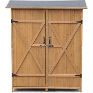 Outdoor Wooden Storage Cabinet with Waterproof Roof, Double Doors, Adjustable Shelving for Garden, Garage, Yard Organization - Green - 1 of 4