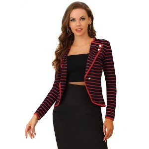 INSPIRE CHIC Women's Regular Fit Notched Lapel Button Decor Striped Blazer - 1 of 4