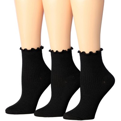 Tipi Toe Womens 3 Pack Black Turn-Cuff Solid Lettuce Edge Lightweight Quarter Length Ruffle Socks, Size 9-11