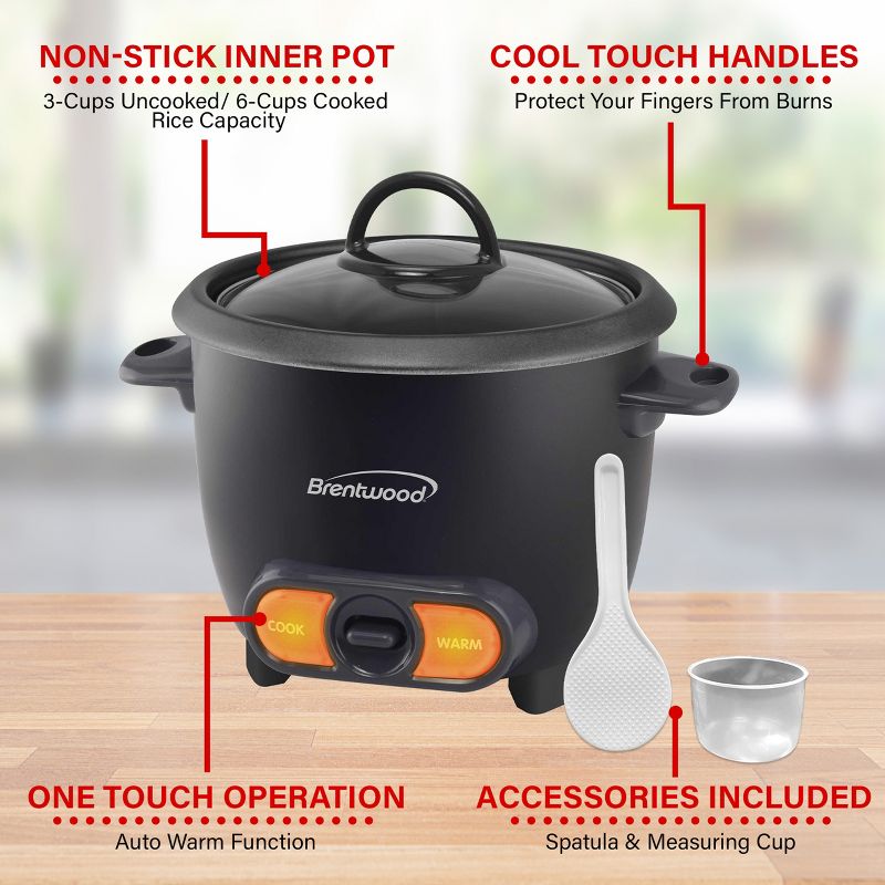 Brentwood 3 Cup Uncooked/6 Cup Cooked Non Stick Rice Cooker in Black, 2 of 6