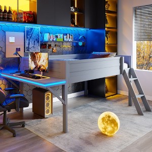 PAGED Full Size Loft Bed Simple Modern Wooden Bed Frame with Desk, Shelves, LED and Guardrail for Bedroom - 1 of 4