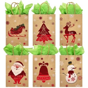 Wrapables 12pc Christmas Kraft Gift Bags with Tissue Paper - 1 of 4