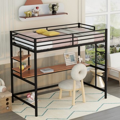 ALEXOUN Metal Loft Bed with Desk,Heavy Duty Metal Bed Frame with Storage Shelves,for Small Spaces, Bedroom,No Boxspring Required,
