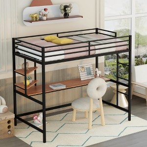 ALEXOUN Metal Loft Bed with Desk,Heavy Duty Metal Bed Frame with Storage Shelves,for Small Spaces, Bedroom,No Boxspring Required, - 1 of 4