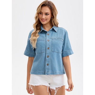 INSPIRE CHIC Women's Short Sleeve Denim Button Down Turndown Collar Casual Jean Jackets Dark Blue Medium — фото 5