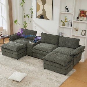 124" U-Shaped Modular Sectional Sofa with Chenille Upholstery, Storage Console, Wireless Charging, Bluetooth Speakers, Cup Holders, Movable Footstools - 1 of 4