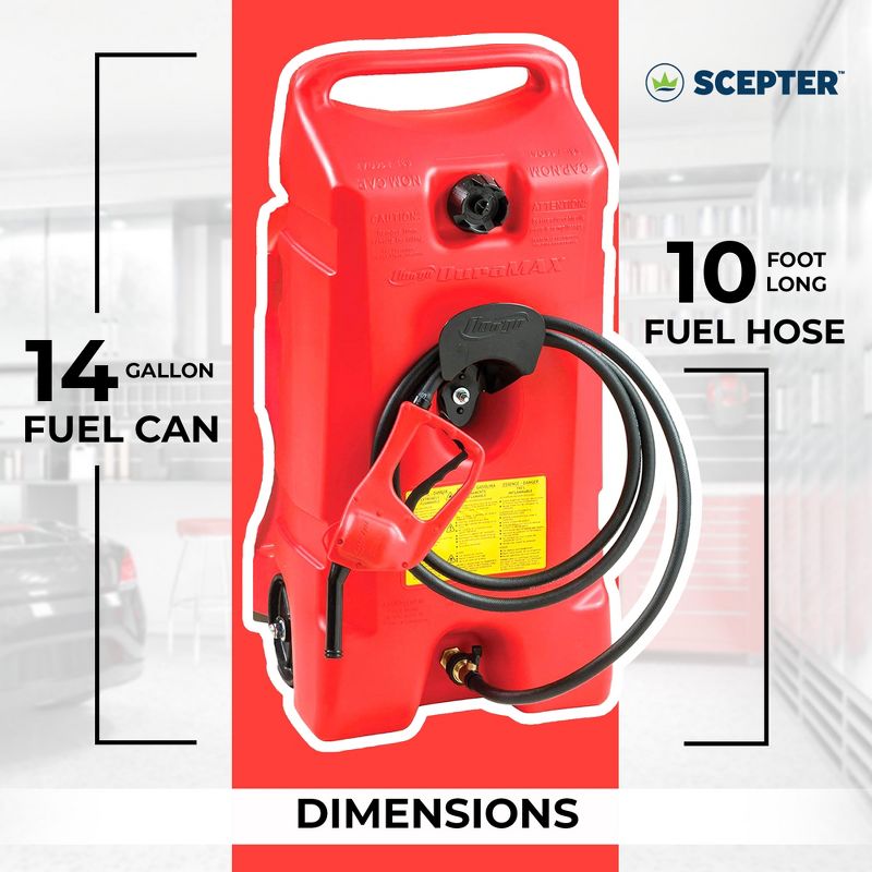 Scepter Flo N Go DuraMax 14 Gallon Portable On-Wheels Gas Fuel Tank Containers with LE Fluid Transfer Siphon Pump and 10-Foot Long Hose (2 Pack), 3 of 7