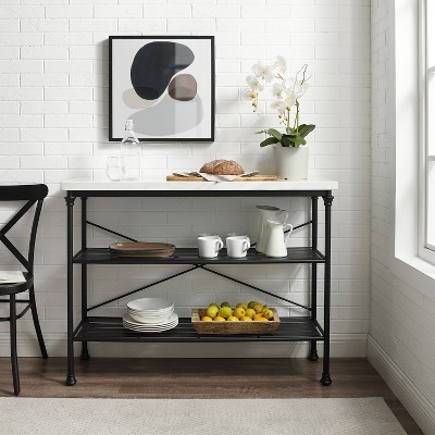 French Industrial Revival Matte Black Console with Faux Marble Top