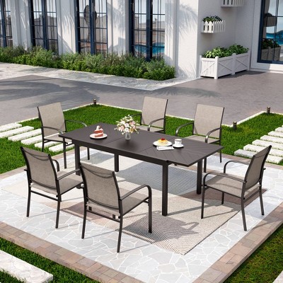Captiva Designs 7pc Patio Set with Expandable Black Rectangle Steel Dining Table & Sling Fixed Dining Chairs