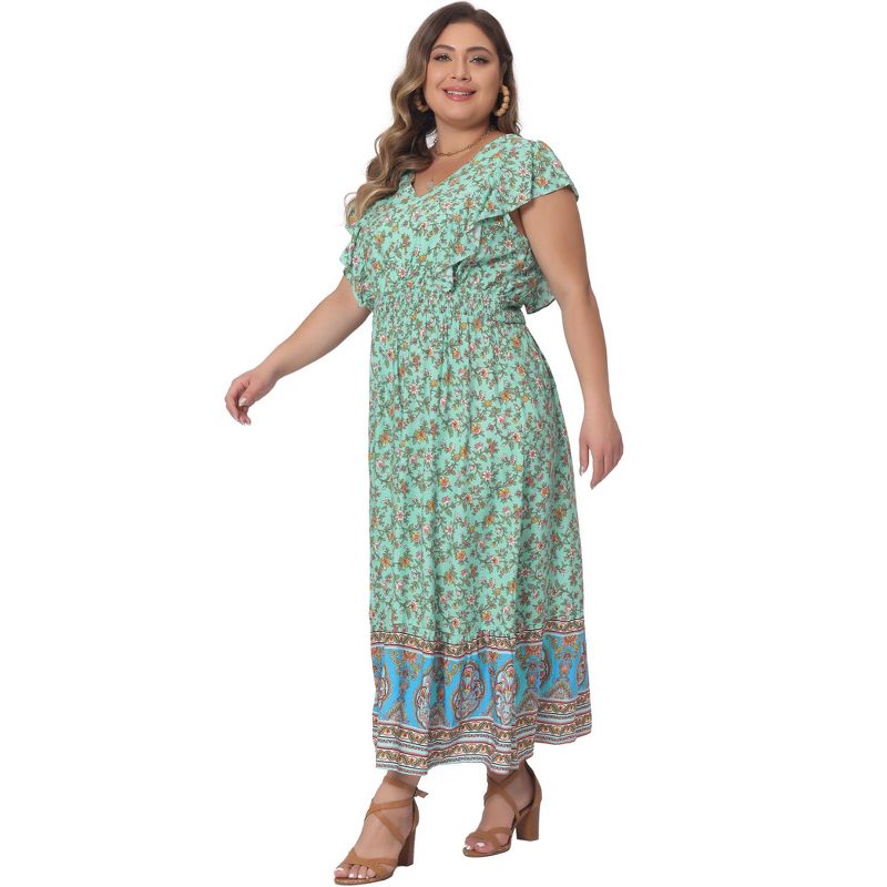 Agnes Orinda Women's Plus Size Floral V Neck Ruffle Sleeve Beach Casual Boho Maxi A Line Dresses, 3 of 5