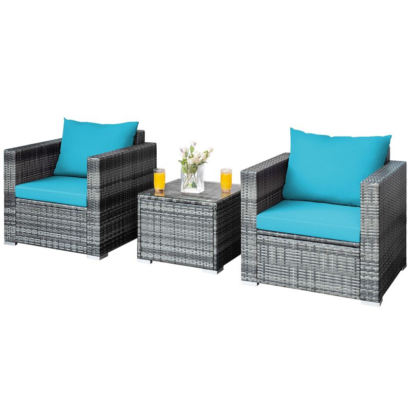 Tangkula 3PCS Patio Rattan Furniture Set Outdoor Bistro Set w/Washable Cushion for Garden Poolside Backyard Turquoise, 3 of 8