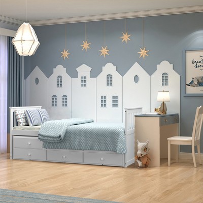 White Twin Pine Wood Captain's Bed with Trundle and Storage Drawers