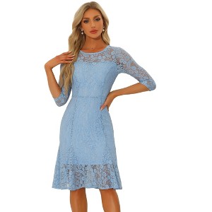 Allegra K Women's Elegant 3/4 Sleeves Ruffles Bodycon Fishtail Lace Midi Dress - 1 of 4