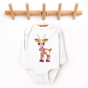 Watercolor Reindeer Bubblegum  - Long Sleeve Bodysuit - 1 of 3