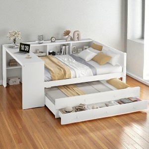 Full Size Wood Daybed with Trundle, Storage Drawers, Shelves, and Integrated Desk, No Box Spring Required,kids bed - 1 of 4