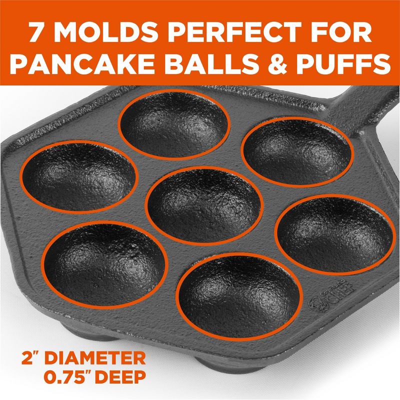 Commercial Chef Cast Iron Danish Aebleskiver Pan, Preseasoned Cast Iron Cookware for Pancake Puffs, Makes 7 Pancake Balls, 4 of 9