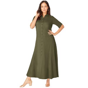 Jessica London Women's Plus Size Stretch Cotton Button Front Maxi Dress - 1 of 4