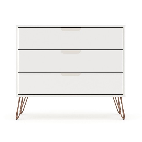 Manhattan Comfort 154GMC6 Rockefeller 5-Drawer Tall Dresser with Metal Legs  in Nature & Rose Pink, 44.57 x 35.31 x 21.57 in. 