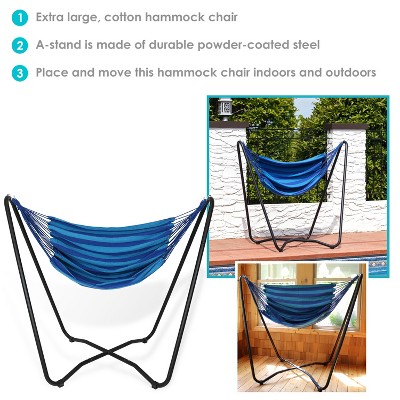Blue Cotton Hanging Hammock Chair with Black Steel Stand