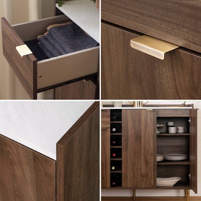 Scandi-Chic Glam Walnut Buffet with Wine Storage and Marble Accents