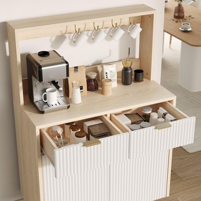 homfan Fluted Sideboard Buffet - Coffee Bar w/2 Drawers & Adjustable Shelves for Kitchen/Dining Room - Natural