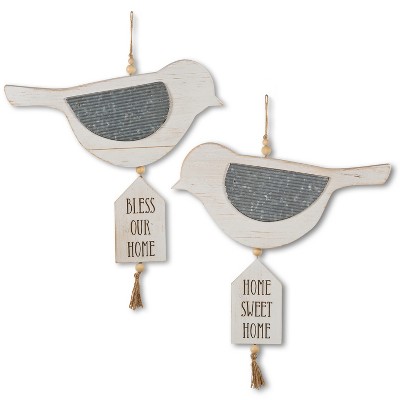 Lone Elm Studios Set of 2 16.13-in H White Wood and Metal Hanging Bird Wall Decor